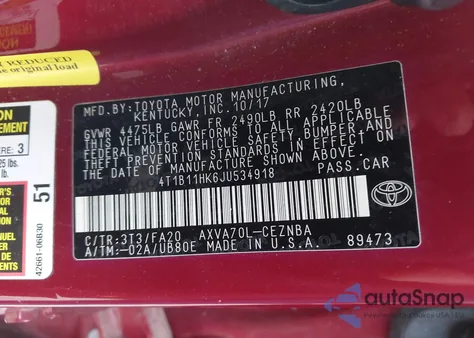 2018 Toyota Camry Le from USA, damaged, VIN 4T1B11HK6JU534918